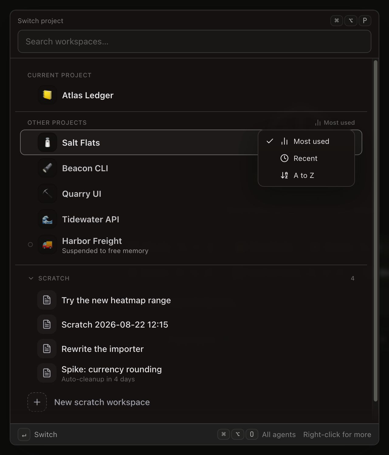 The sort menu open over the switcher, hanging from the Other projects header whose right-hand trigger reads Most used. The menu lists Most used, ticked and carrying a bar-chart icon, then Recent with a clock icon and A to Z with a sort icon. Behind it the band holds Salt Flats, Beacon CLI, Quarry UI, Tidewater API and Harbor Freight, with Atlas Ledger above under Current project.