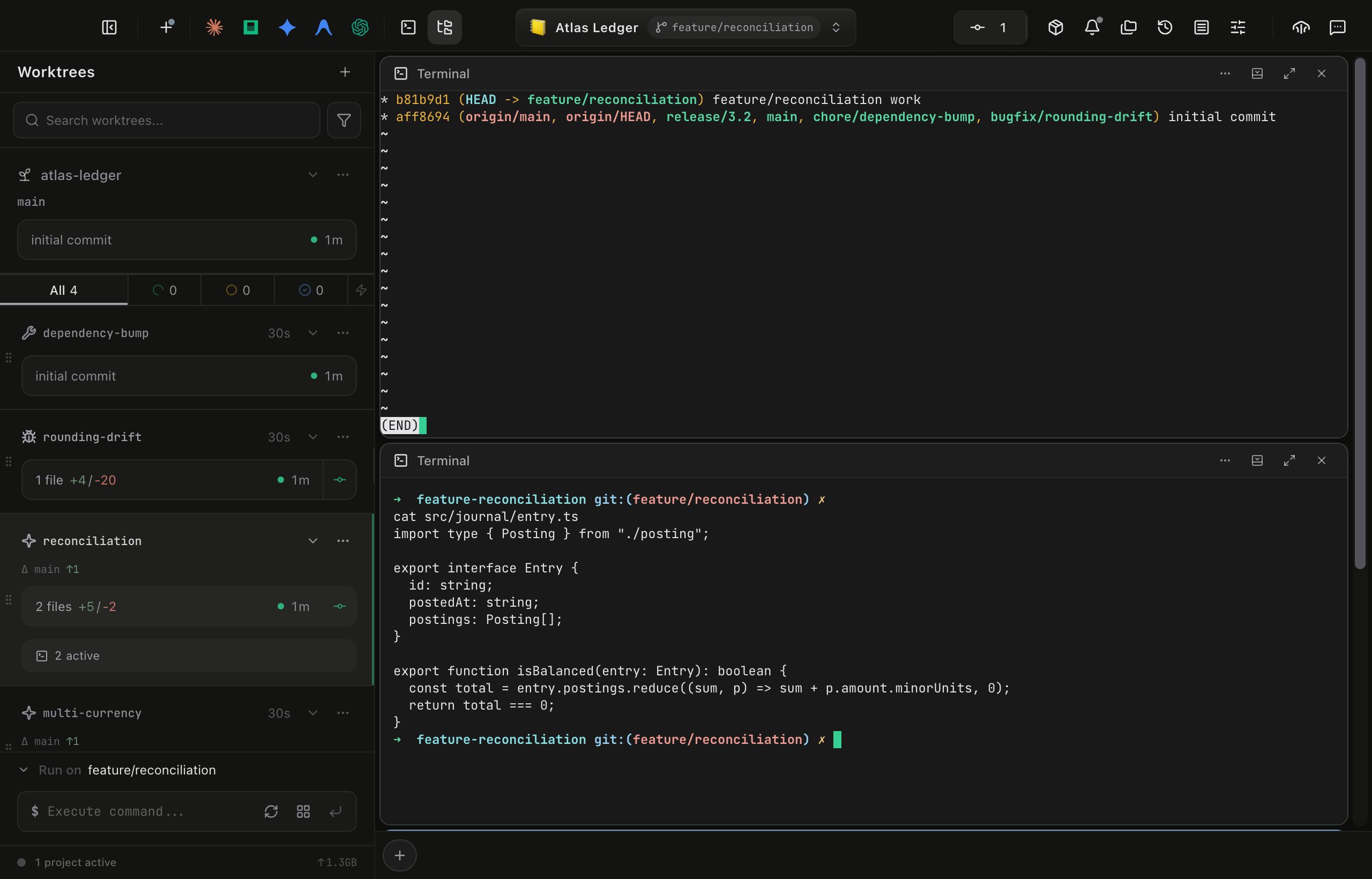 The panel grid with two terminal panels stacked in the same column. The upper one shows a colored git log graph naming the branches at each commit; the lower one shows the source of src/journal/entry.ts printed to the terminal. Each panel header carries its kind icon, its title, and its overflow, dock, maximize and close controls. The worktree sidebar is open on the left and the dock bar runs along the bottom.
