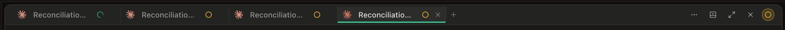 A panel header carrying four tabs, each with the Claude Code starburst icon and a title truncated to ‘Reconciliatio…’. The first tab’s state badge is a green spinner arc for working; the other three carry the hollow amber ring for waiting. The fourth tab is the active one — brighter text, a green underline and a × close button — and a + button sits just past it. The panel’s own more-actions, dock, maximize and close controls run along the right end, with the activity indicator’s amber ring beyond them.