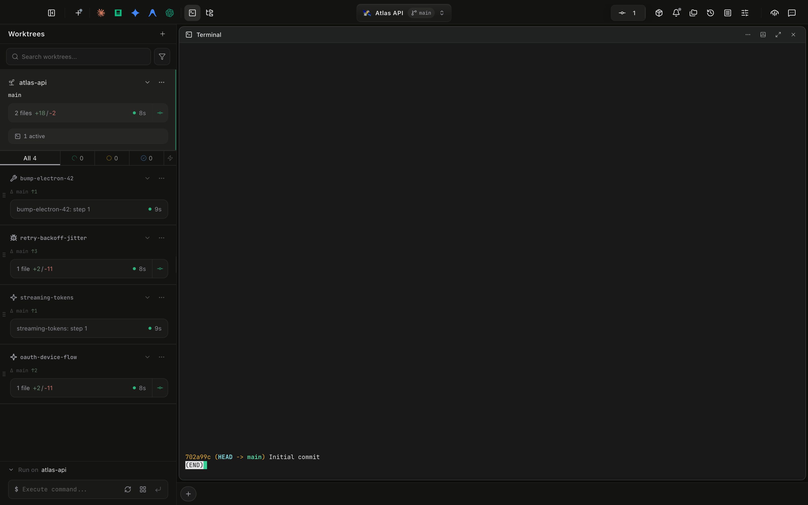 Several terminal panel headers and dock chips showing different detected process icons: Vite, pytest, Docker, and a Claude Code agent