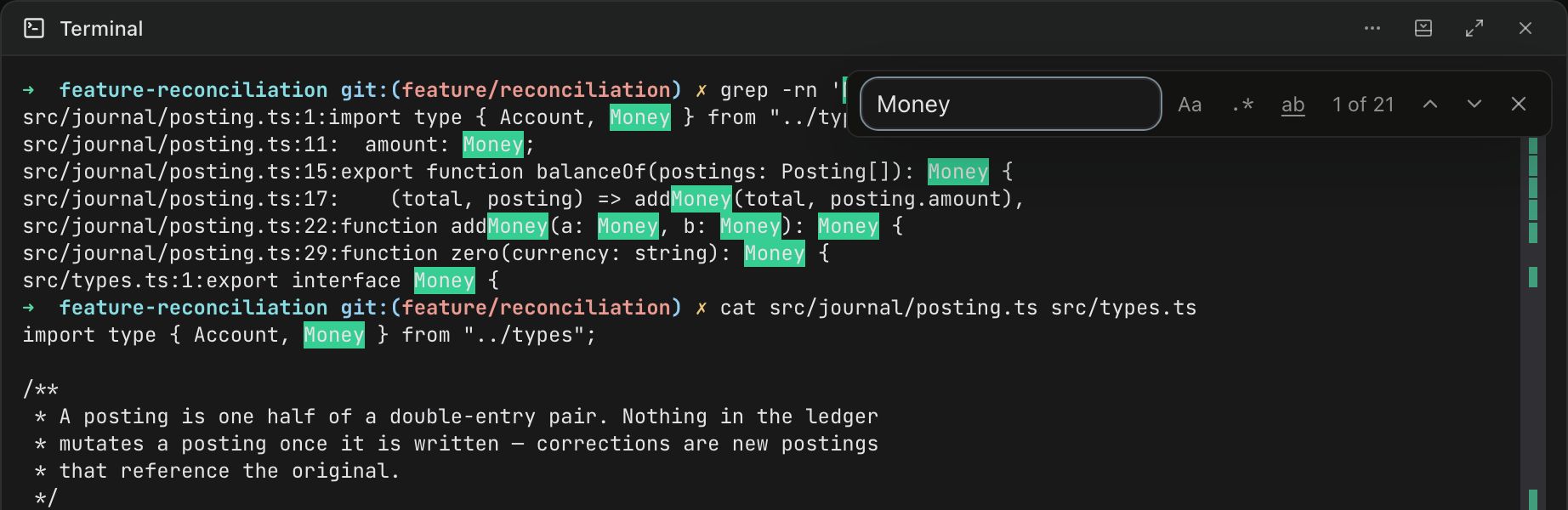 The top of a terminal panel with the search bar open. The field holds Money, followed by the case, regex and whole-word toggles with whole-word active, a counter reading 1 of 21, previous and next arrows, and a close button. Every occurrence of Money in the scrollback below is highlighted, and the overview ruler down the right edge carries a tick for each match.