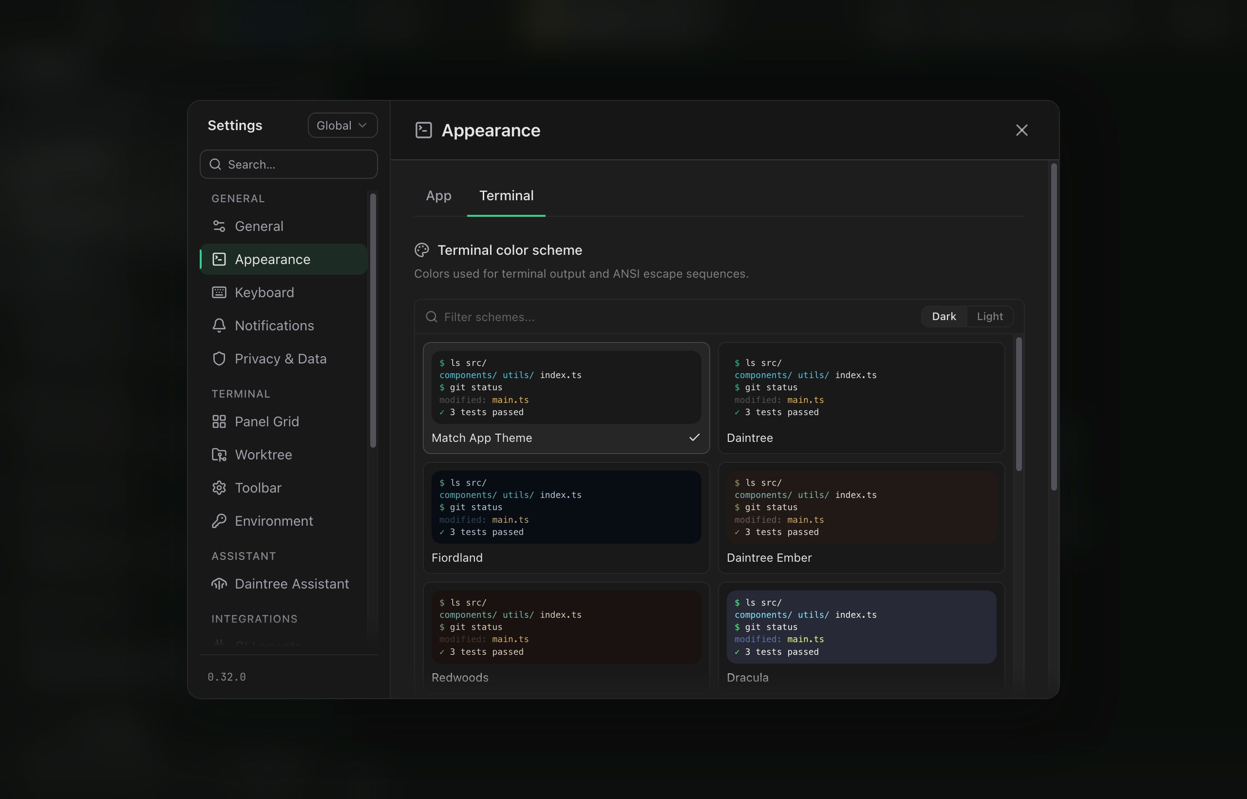 Settings on the Appearance tab with the Terminal subtab selected. Under the Terminal color scheme heading a Filter schemes field sits beside a Dark / Light toggle set to Dark. Below, a two-column grid of cards (Match App Theme, Daintree, Fiordland, Daintree Ember, Redwoods, Dracula), each rendering the same mini terminal session in that scheme's colors. Match App Theme carries the selected checkmark.