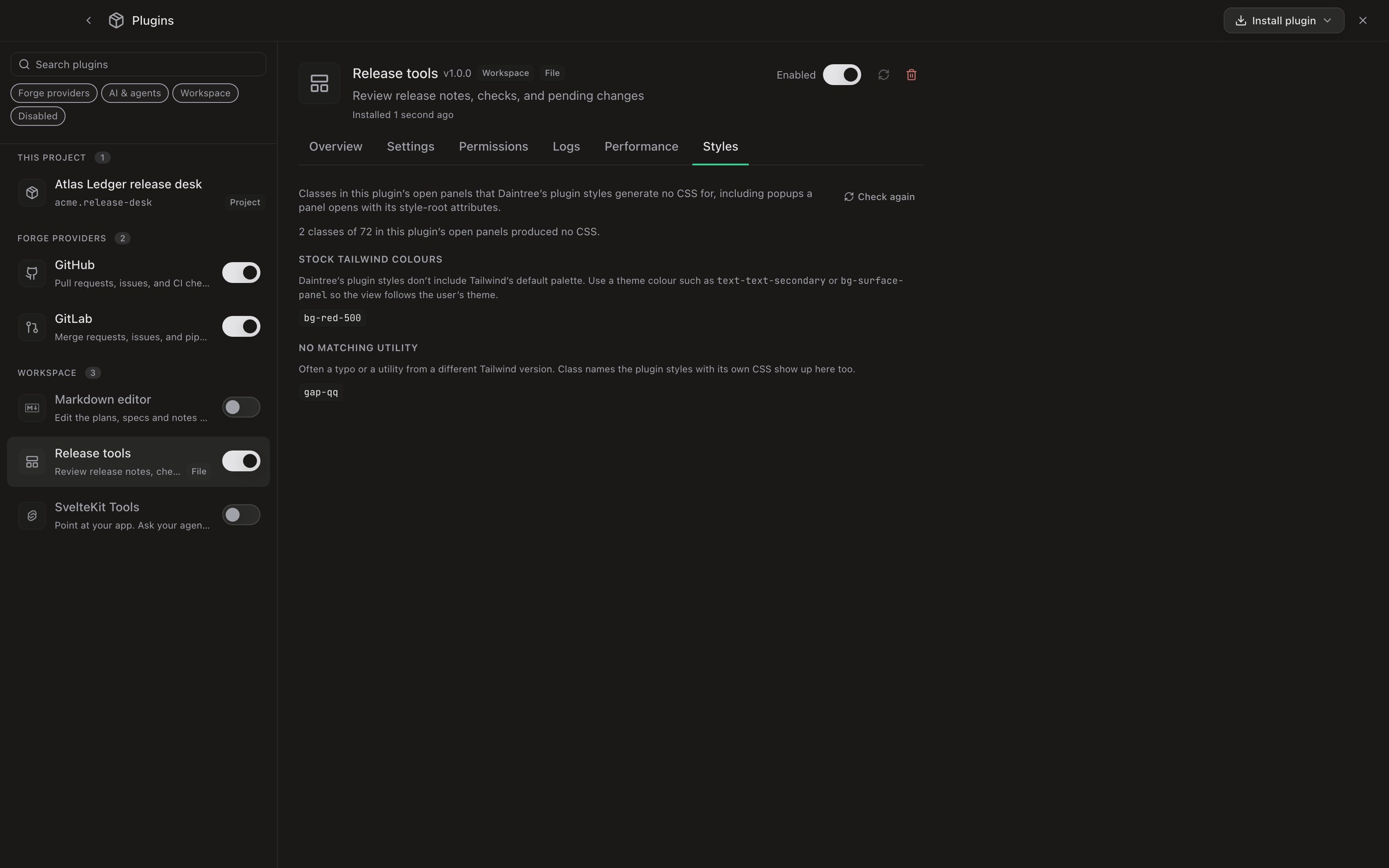 Release tools in the Plugin Manager with Styles selected. Two of 72 classes produced no CSS: bg-red-500 appears under Stock Tailwind colours and gap-qq under No matching utility. Check again is available.