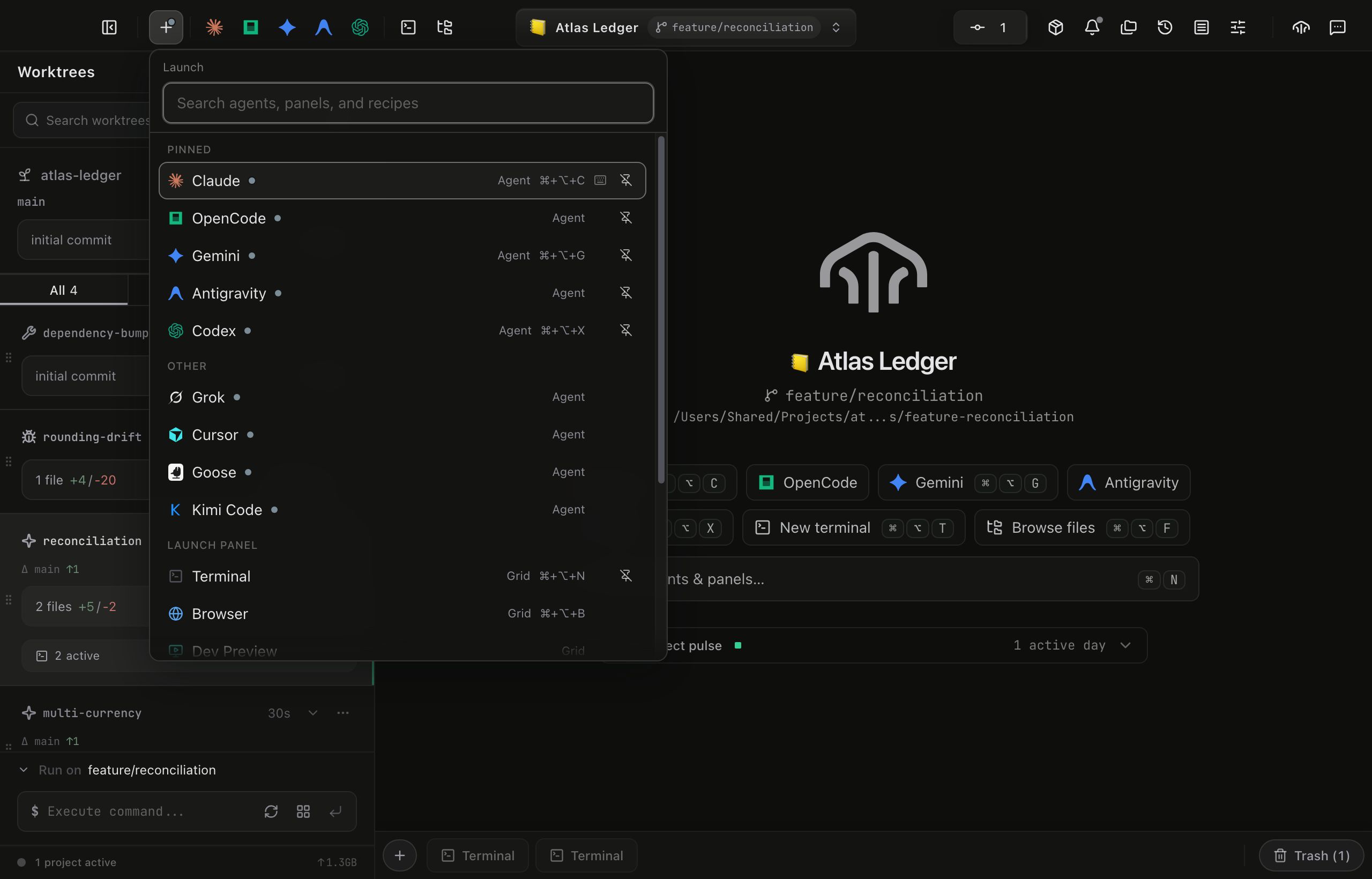 The launcher popover hanging off the toolbar plus button. Under a Search agents, panels, and recipes field, a Pinned band lists Claude, OpenCode, Gemini, Antigravity and Codex (each an Agent row with an installed-state pip, a shortcut chip on the ones that have one, and a trailing pin toggle), followed by an Other band of further agents and a Launch panel band holding Terminal, Browser and Dev Preview.