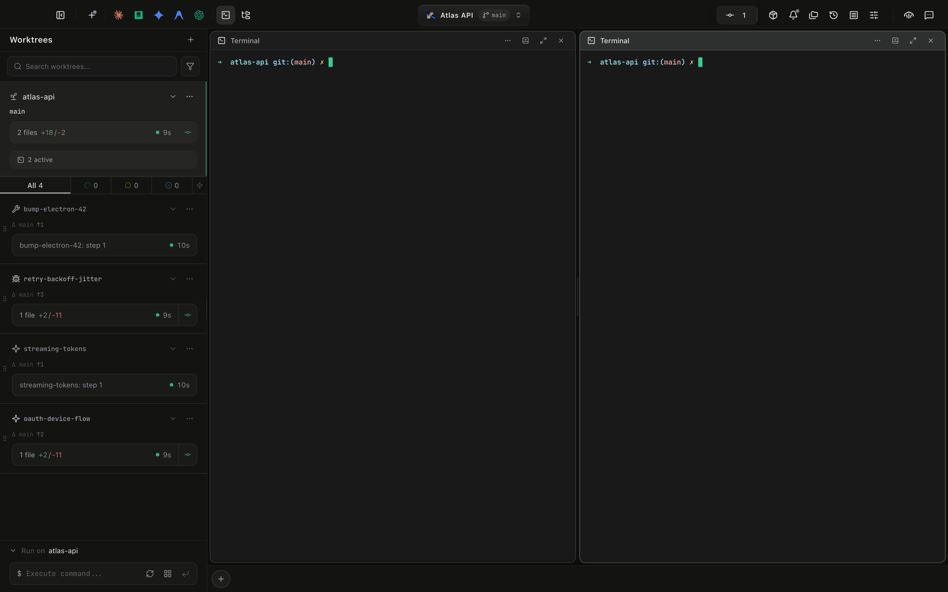 The Daintree workbench: the worktree sidebar on the left listing several branches with their status, a grid of terminal panels in the center, and the dock along the bottom