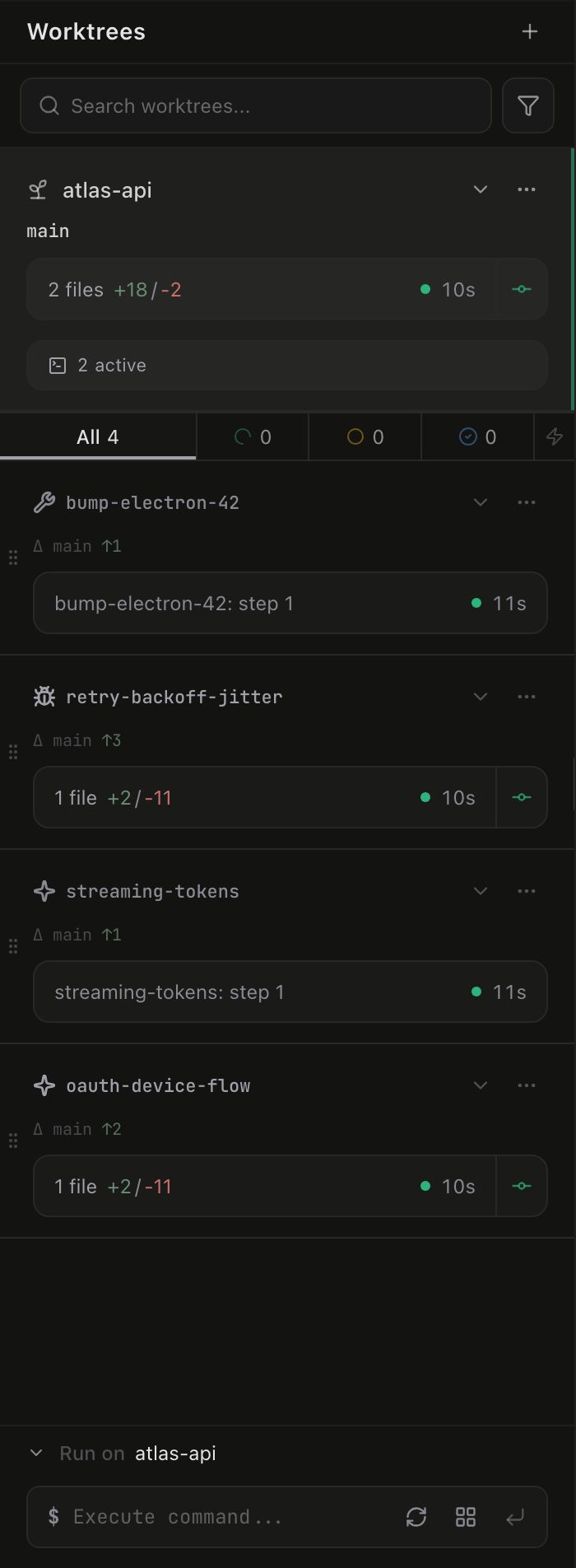 The Daintree sidebar showing the primary worktree card at top, an expanded secondary card with a lifecycle chip and status signals, and a collapsed card with session state indicators