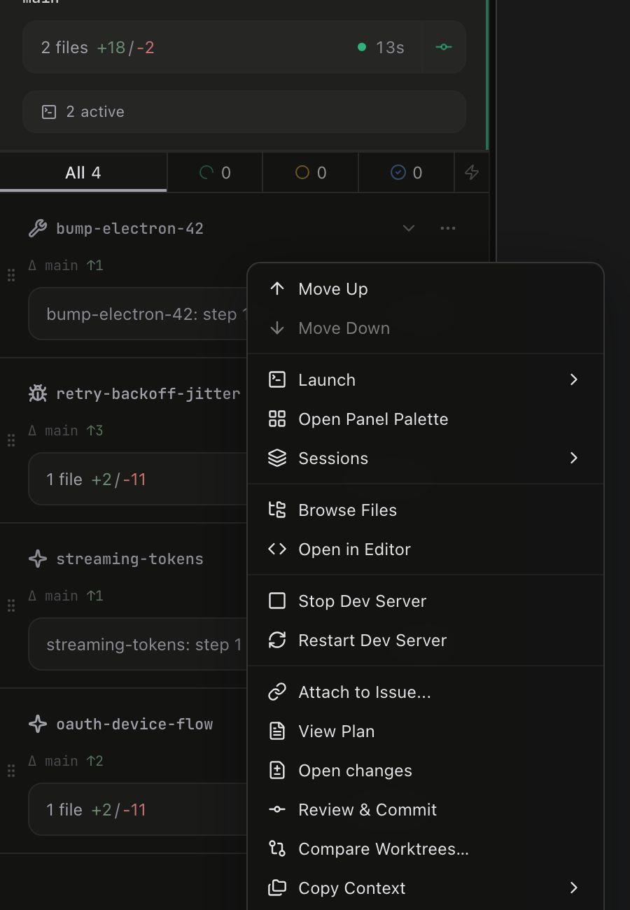 A worktree card's three-dot menu open, listing Move Up, Move Down, Launch, Open Panel Palette, Sessions, Browse Files, Open in Editor, Stop Dev Server, Restart Dev Server, Attach to Issue, View Plan, Open changes, Review & Commit, Compare Worktrees and Copy Context
