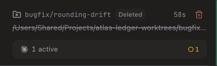 A deleted-worktree card in the sidebar. It names the branch bugfix/rounding-drift beside a Deleted badge, with a struck-through directory path under it, a countdown reading 58s and a trash icon on the right. A row below reads 1 active with a waiting-agent indicator.