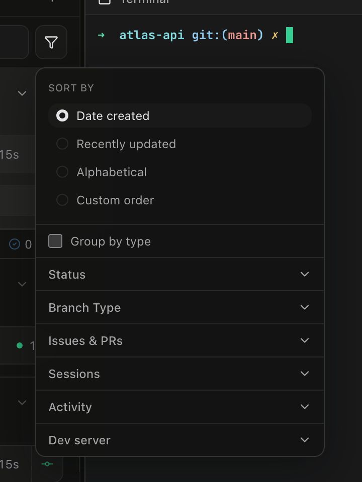 The advanced filter popover open over the worktree sidebar, showing Sort by with Date created selected, a Group by type checkbox, and collapsed Status, Branch Type, Issues & PRs, Sessions, Activity and Dev server sections
