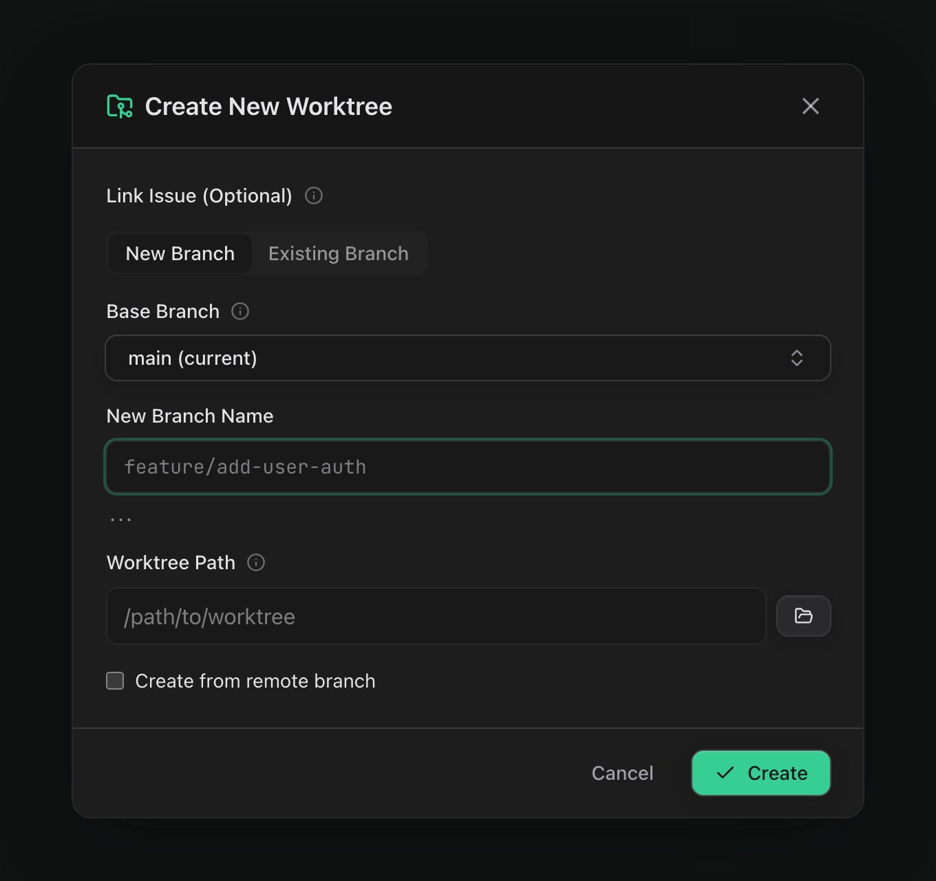 The New Worktree dialog in New Branch mode showing the New Branch / Existing Branch toggle, Base Branch picker, New Branch Name input with prefix autocomplete, Worktree Path field, and the Environment radio group