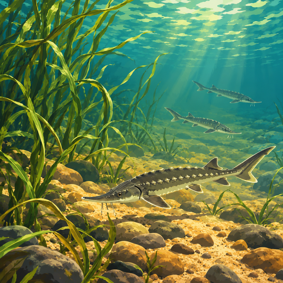 Three slender young Atlantic sturgeon with pale bony plates and long pointed snouts swim above a sandy riverbed among green aquatic plants in sunlit freshwater.