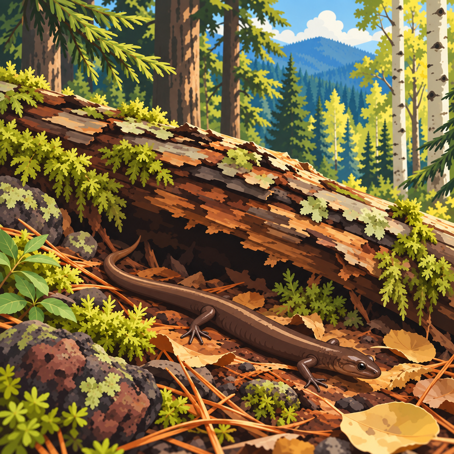 A slender brown Jemez Mountains salamander rests beside a decaying log among moss, pine needles and golden leaves, with conifers and pale aspen trunks behind it.